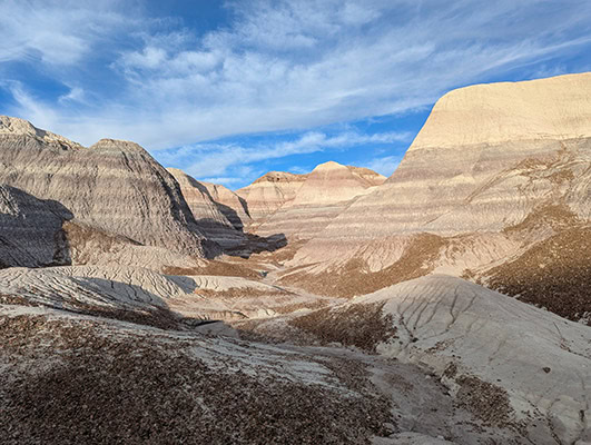 A ground view of rounded hills with purplish, grayish, and whitish stripes